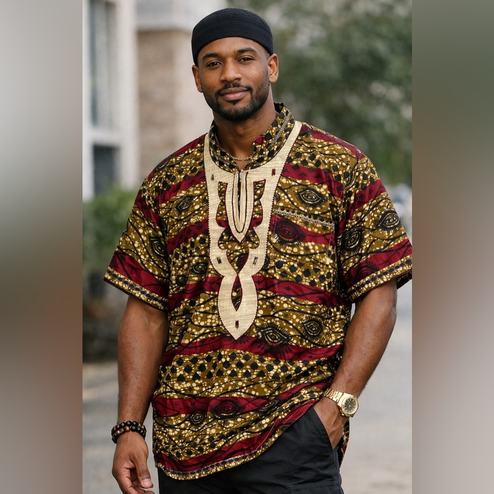 Handmade Kenyan Dashiki Tribal Eye Print Shirt | Afrocentric Short Sleeve Tunic